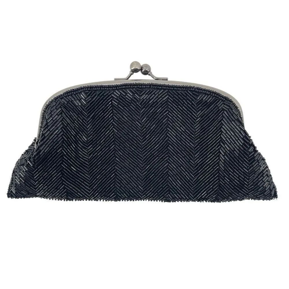 The Limited Black Herringbone Beaded Holiday Glam Evening Clutch Kiss-Lock